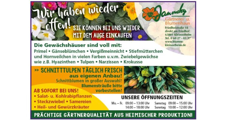 Seit 1.3. wieder geöffnet: Gärtnerei und Blumenhaus Janowsky: