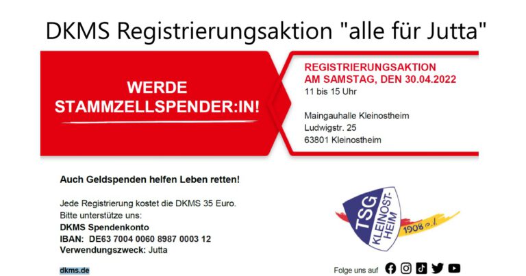 DKMS Registrierungsaktion: „alle für Jutta“ am 30.04. von 11 – 15Uhr